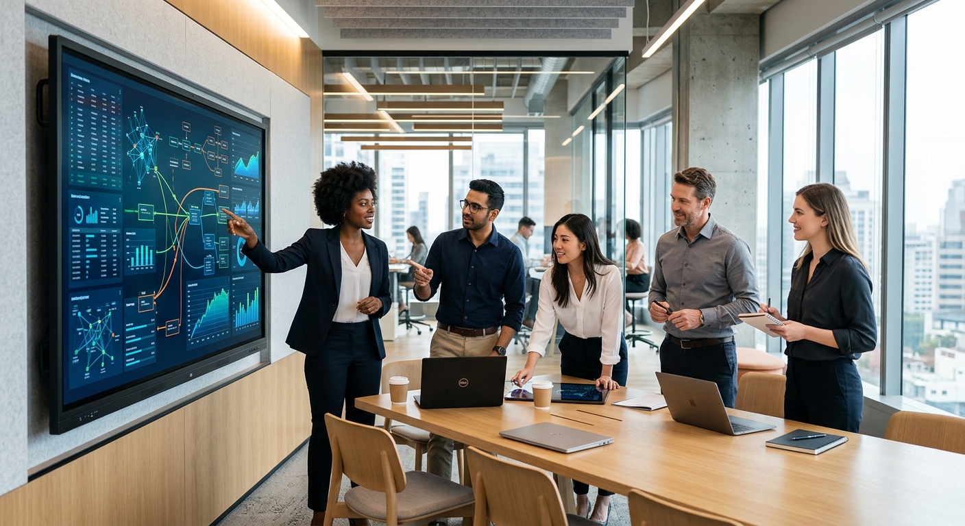 Profissionais colaborando em torno de um display digital interativo que mostra dados interconectados e processos de negócios, simbolizando a transformação digital e o crescimento estratégico.
